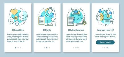 eq-Qualitäten beim Onboarding der mobilen App-Seitenbildschirm-Vektorvorlage. Fähigkeit, Gefühle zu kontrollieren. Emotionsmanagement Test. Gehirnentwicklung. Walkthrough-Website-Schritte. ux, ui, gui-smartphone-schnittstelle vektor