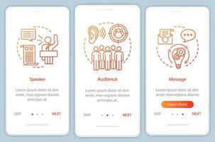 retorisk triangel onboarding mobil app sida skärm vektor mall. ledarskapsförmåga. talare, publik, budskap. genomgång av webbplatssteg med linjeikoner. ux, ui, gui smartphone-gränssnitt