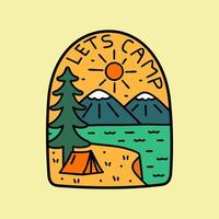 naturdesign av let's camp, camping på klippor och bergsvibbar för badge patch emblem grafisk vektorkonst t-shirtdesign vektor