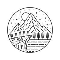 Camp in der Klippe mit Berg als Hintergrund in Mono-Linien-Kunst für Abzeichen-Patch-Emblem-Grafik-Vektorkunst-T-Shirt-Design vektor