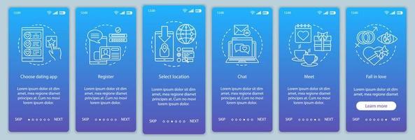 online dating onboarding mobil app sida skärm vektor mall. välj, registrera, chatta, träffa, förälska dig webbplatsinstruktioner med linjära illustrationer. ux, ui, gui smartphone gränssnitt koncept