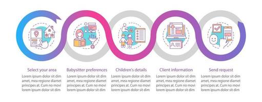 Babysitter-Anfragevektor-Infografik-Vorlage. babysitten. Gestaltungselemente für Geschäftspräsentationen. Datenvisualisierung mit Schritten und Optionen. Diagramm der Prozesszeitleiste. Workflow-Layout mit linearen Symbolen vektor