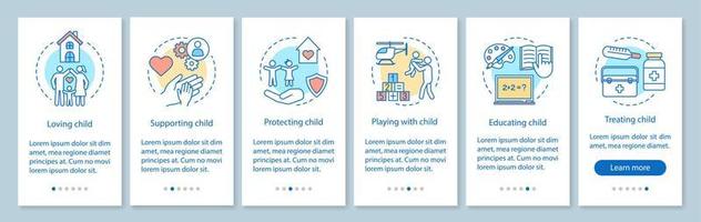 vårdnad ombord på mobilapps sidskärm med linjära koncept. älska, stödja, skydda, utbilda, behandla genomgångssteg grafiska instruktioner. ux, ui, gui vektormall med illustrationer vektor