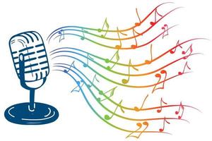 Karaoke-Musik-Symbol im Doodle-Stil. Vintage-Mikrofon mit Notizen-Vektor-Cartoon-Illustration auf weißem, isoliertem Hintergrund. audiogerätekonzept mit hellem regenbogenmelodieneffekt vektor
