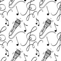 sömlösa mönster av mikrofon, musiknyckel och anteckningar. handritade doodle element. musik bakgrund, vektor illustration