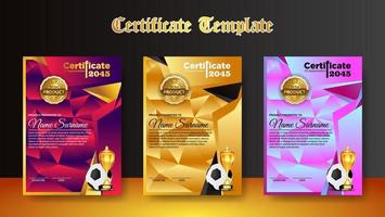 fotboll spel certifikat diplom med golden cup set vektor. fotboll. sport utmärkelse mall. prestationsdesign vektor