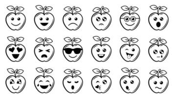 Apfel mit lächelnden Gesichtern. Umrissvektorillustration, Strichzeichnungen Apple Emoticon. Fruchtsymbole mit unterschiedlichem Ausdruck in Schwarz-Weiß-Farben. vektor