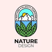 Agrarkonzept-Logo. vorlage mit bauernhof- und berglandschaft. Etiketten für landwirtschaftliche Naturprodukte. vektor