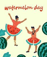 vattenmelon dag kort eller affisch mall med dansare, platt vektor. vattenmelon dag banner eller hälsning vykort mall. vektor