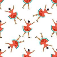 Nahtloses dekoratives Muster mit Frau im Wassermelonenkleid, Vektor. Wiederholbares Design für Wassermelonentag und Sommerparty. vektor