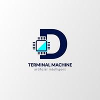 bokstaven d krets logotyp. terminal maskin för teknik, gadget, artificiell intelligent vektor