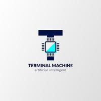 bokstaven t krets logotyp. terminal maskin för teknik, gadget, artificiell intelligent vektor