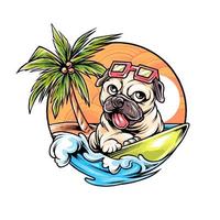 Mops Hund Sommer Chill Urlaub mit Surf- und Schwimm-Premium-Vektor vektor