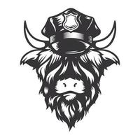 highland cow polishuvud design med polismössa. bondgårdsdjur. kors logotyper eller ikoner. vektor illustration.