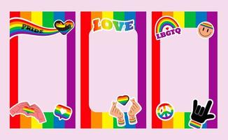 Stolz rahmen Geschichten ein. lgbt-symbole. liebe, herz, flagge in regenbogenfarben, schwule, lesbische parade vektor