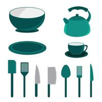 Küchenwerkzeug-Set. Geschirr Sammlung. Kochutensilien, Geschirr, Besteck isoliert auf weißem Hintergrund. Vektor-Illustration