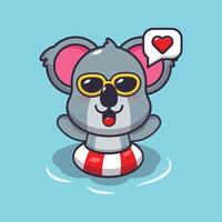 söt koala tecknad maskot karaktär i solglasögon simning på poolen vektor