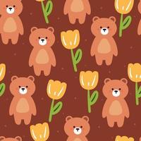 seamless mönster tecknad björn och blomma vektor