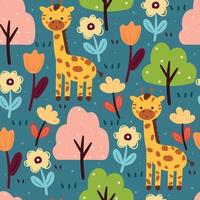 sömlösa mönster tecknad giraff och växt. djurtapet för tygtryck, textil vektor