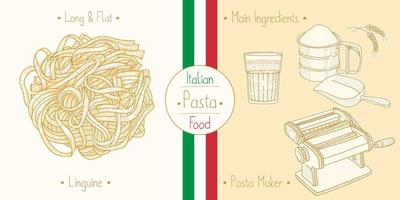 kochen italienisches essen linguine pasta und hauptzutaten und nudelmaschinen ausrüstung, skizzieren von illustrationen im vintage-stil vektor
