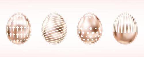 fyra ögonkast metalliska ägg i rosa färg med vitt kors, prickar och ränder. isolerade föremål för påskdekoration vektor