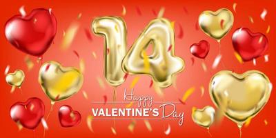 rote und goldene folienballons für den 14. februar und einen glücklichen valentinstag, roter hintergrund vektor