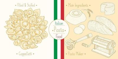 Kochen italienisches Essen Engelshaar Pasta Capellini und Hauptzutaten und Ausrüstung für Nudelhersteller, Skizzieren von Illustrationen im Vintage-Stil vektor