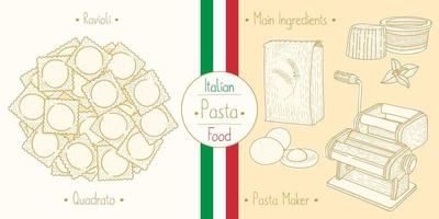 italiensk matpasta med fyllande ravioli quadrato, skissande illustration i vintagestil vektor