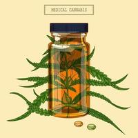 medicinsk cannabis marijuana gren och flaska och piller, handritad illustration i retrostil vektor