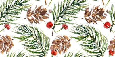 weihnachtsblumen nachgezeichnetes aquarell nahtloses muster auf weißem hintergrund. Tannenzweig und Zapfen und Winterbeeren. nahtloses dekor für nette weihnachts- und neujahrsgrüße und einladungen vektor