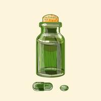 medizinische grüne Glasflasche und Pillen, handgezeichnete Skizzenkunst vektor