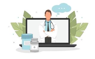 onlinemedicin, hälsovård, medicinsk diagnostik. illustration av en ansiktslös läkare från en bärbar dator i platt stil. vektor