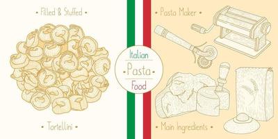 laga italiensk mat fylld tortellinipasta med fyllning och huvudingredienser och pastatillverkningsutrustning, skissa illustration i vintagestil vektor