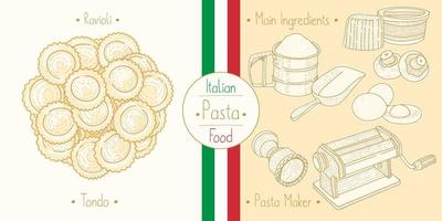 italiensk matpasta med fyllande ravioli tondo, skissande illustration i vintagestil vektor