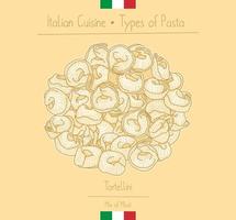 italienisches essen ringförmige nudeln mit fleischfüllung alias tortellini, skizzenillustration im vintage-stil