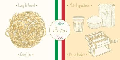 kochen italienisches essen gefüllte caooelletti-nudeln mit füllung und hauptzutaten und ausrüstung für nudelhersteller, skizzieren von illustrationen im vintage-stil vektor