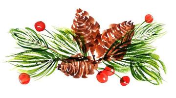 blumenstrauß aus neujahrszweigen und kegeln und stechpalmenbeeren. aquarell botanischer aufkleber für niedliche weihnachts- und neujahrsgruß- und einladungskarten.