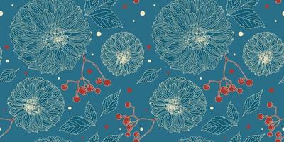 Türkisfarbenes, nahtloses Blumenmuster aus Dahlienblüten im Vintage-Stil vektor
