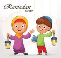 Ramadan Kareem. karikatur muslimischer junge und mädchen vektor