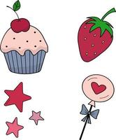 söt set med cupcake, jordgubbar, stjärnor på temat alla hjärtans dag, bröllop, romantiska evenemang. konturvektorikoner för webbplatser och gränssnitt, mobilapplikationer, ikoner, vykort. vektor