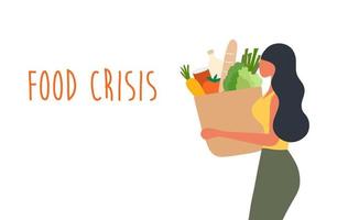 matkris koncept, kvinna som håller matpåse vektorillustration. livsmedelsinflation, matprishöjningar från ekonomisk recession vektor