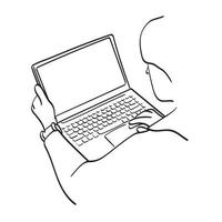 Linie Kunst Rückansicht Großansicht Geschäftsmann mit Laptop-Computer mit Vektor-Hand des leeren Bildschirms gezeichnet isoliert auf weißem Hintergrund vektor