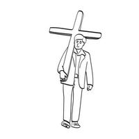 Strichzeichnungen in voller Länge Geschäftsmann hält christliche Holzkreuz Illustration Vektor handgezeichnet isoliert auf weißem Hintergrund