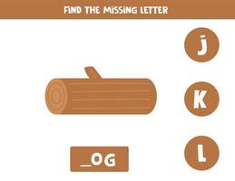 Finden Sie den fehlenden Brief mit einem Holzscheit. Arbeitsblatt Rechtschreibung. vektor