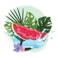 tropische sommerillustration mit der wassermelone im wasserspritzer mit tropischen blättern auf dem hintergrund. vorlage für banner, karten, drucke mit der wassermelone und tropischen blättern. vektor