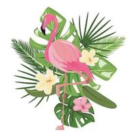 Flamingo steht auf einem Bein mit tropischen Blättern im Hintergrund. bunte tropische illustration mit flamingo. flache vektorillustration.