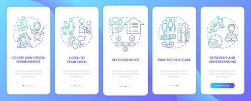 Verhaltensstörung Tipps für Eltern mit blauem Farbverlauf beim Onboarding auf dem Bildschirm der mobilen App. Komplettlösung 5 Schritte grafische Anleitungsseiten mit linearen Konzepten. ui, ux, gui-Vorlage. vektor