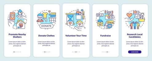sätt att hjälpa hemlösa ombord på mobilappskärmen. donera kläder genomgång 5 steg grafiska instruktioner sidor med linjära koncept. ui, ux, gui mall. vektor