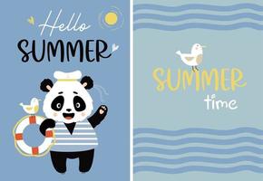 satz sommerpostkarte hallo sommer und sommerzeit. süßer pandasegler mit rettungsring mit möwe. Vektor-Illustration. süße Kinderkollektion für Design, Druck und Dekoration vektor