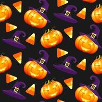 abstrakt mönster med sömlösa mönster halloween pumpor och godis på mörk bakgrund. seamless mönster halloween pumpor. design omslagspapper, tapeter. tecknad stil. vektor